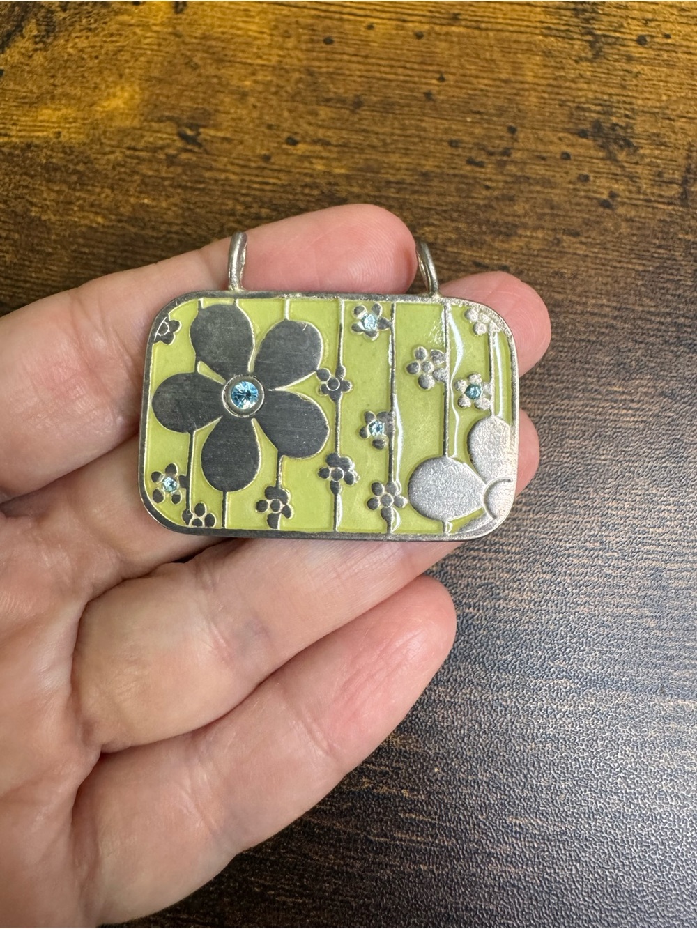 Silver Floral Pendant Necklace — Lime Green and Black Accents